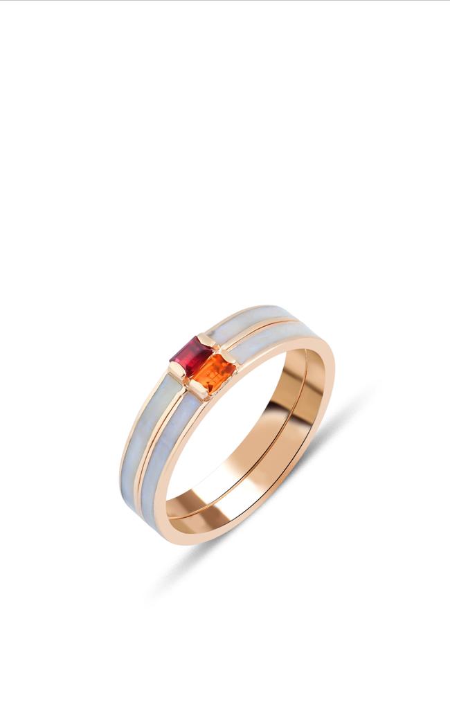 Colored Stone Enamel Band Ring / Ruby & Citrine