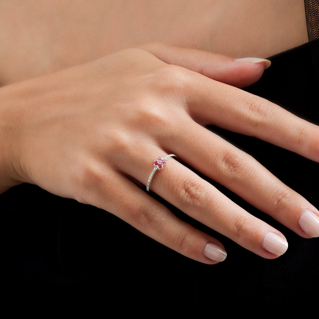 White Gold Diamond Clover Ruby Ring