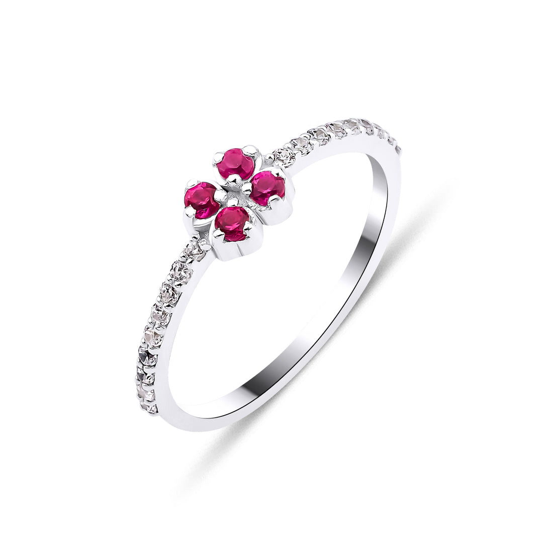 White Gold Diamond Clover Ruby Ring