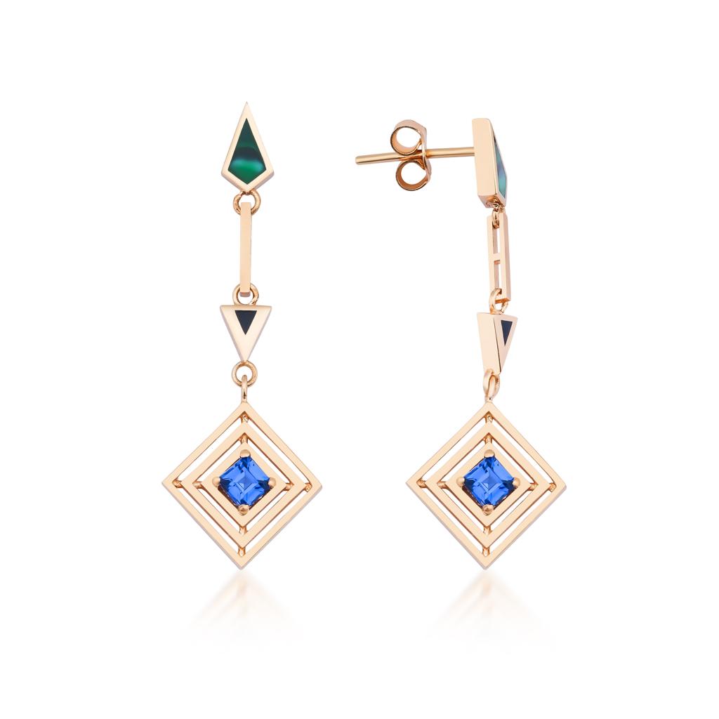 Gold Malachite Enamel &  Sapphire Dangle Earrings