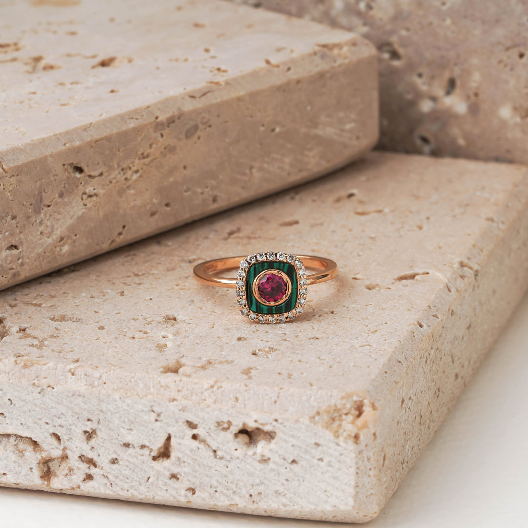 Gold Malachite & Ruby Ring