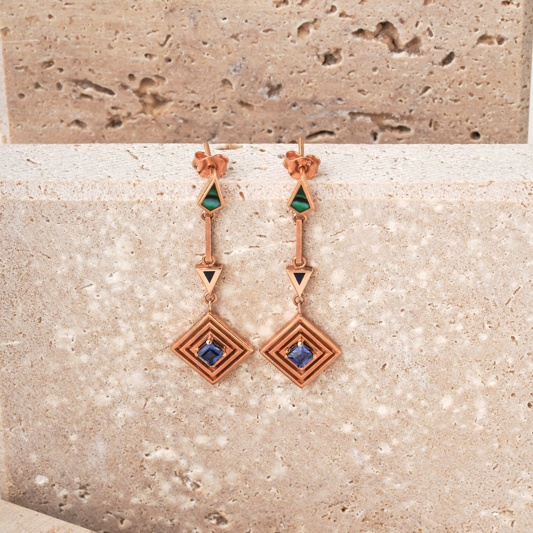 Gold Malachite Enamel &  Sapphire Dangle Earrings